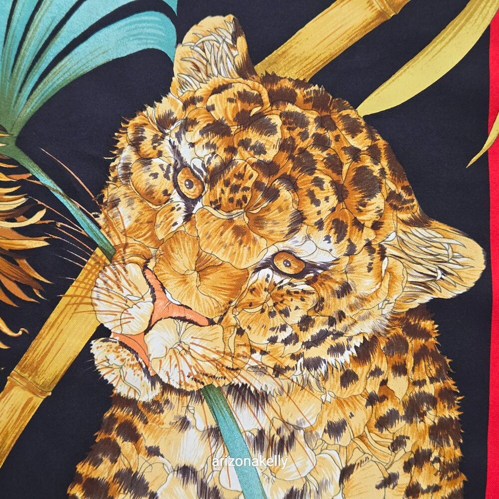 Salvatore Ferragamo Silk Scarf Big Cats Lion Tiger Fox Bird Leopard Floral - Picture 12 of 14